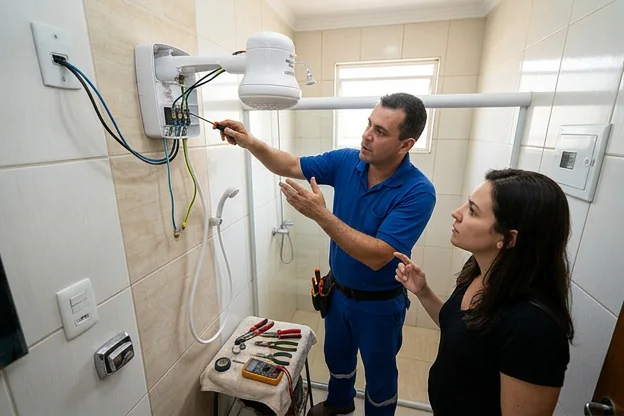 Eletricista mostrando passo a passo da instalação de um chuveiro em residência em Bauru.