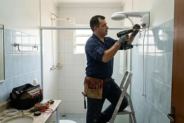 Eletricista instalando um chuveiro em residência de Bauru.