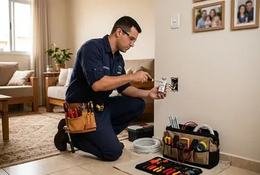 Eletricista instalando uma tomada em parede de residência em Bauru.