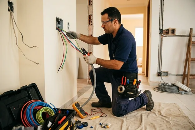 Eletricista substituindo fiação elétrica em uma residência de Bauru.