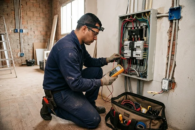 Eletricista verificando circuitos elétricos para instalação de tomadas em Bauru.