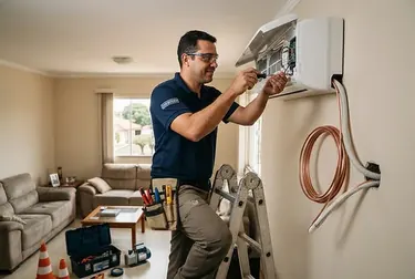 Eletricista realizando instalação de ar-condicionado na sala de uma residência em Bauru.
