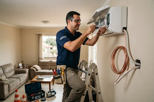 Eletricista realizando instalação de ar-condicionado na sala de uma residência em Bauru.