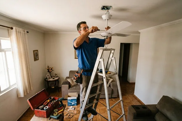 Eletricista instalando ventilador de teto em casa de Bauru.