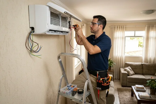 Eletricista ajustando ar-condicionado em residência de Bauru.